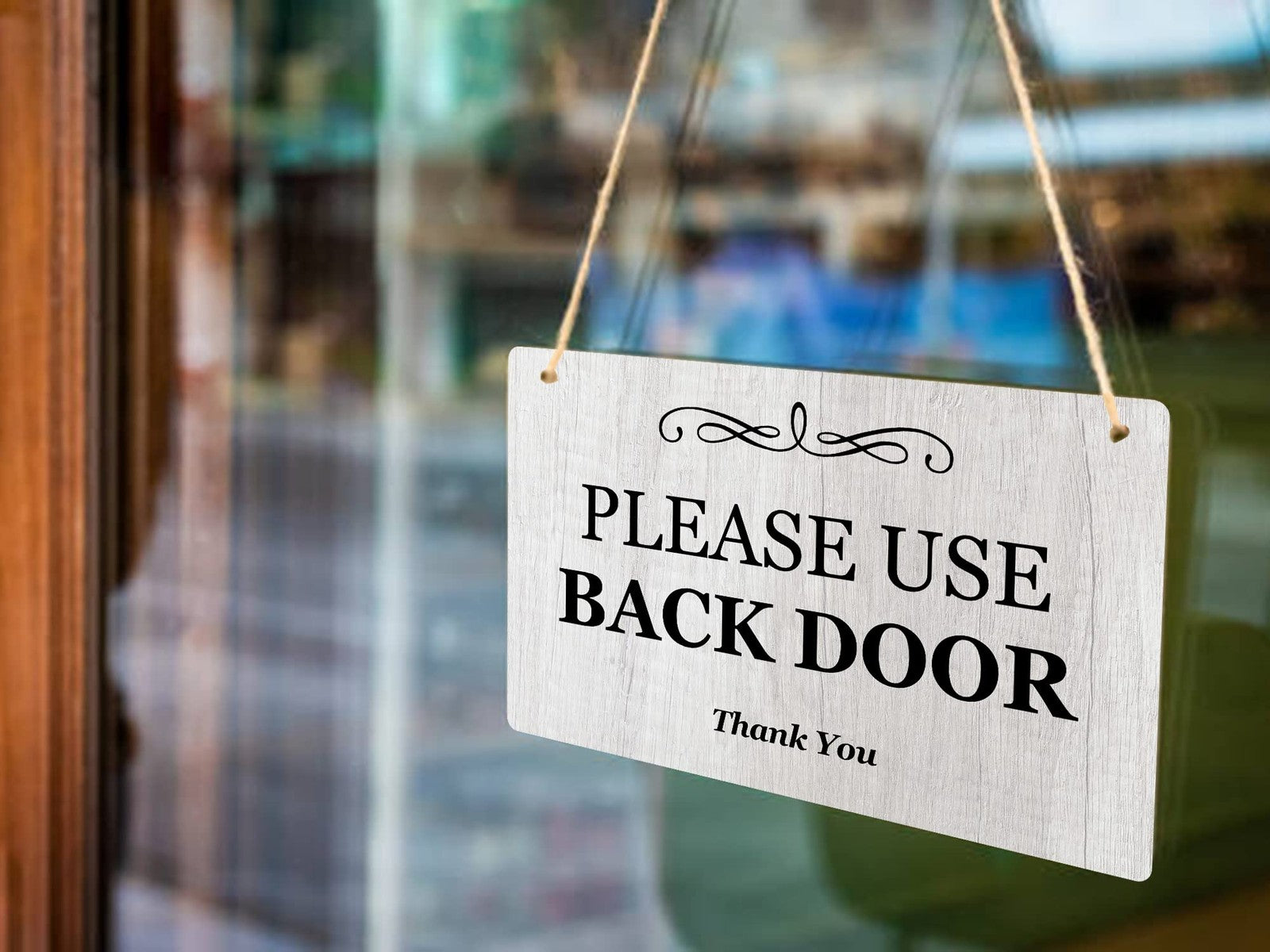White Please Use Back Door Sign 140x90mm ACM Hanging Plaque with Twine – by North By North East – Business Hours & Policy Signs