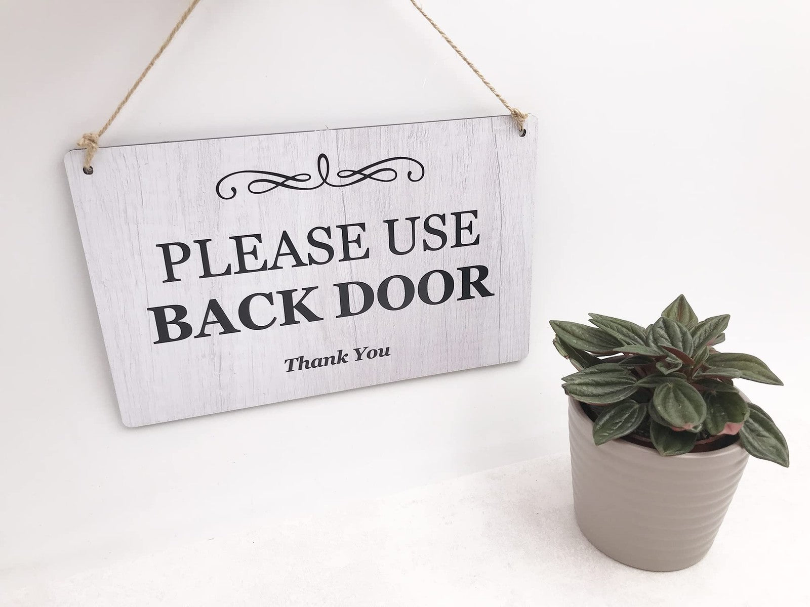 White Please Use Back Door Sign 140x90mm ACM Hanging Plaque with Twine – by North By North East – Business Hours & Policy Signs