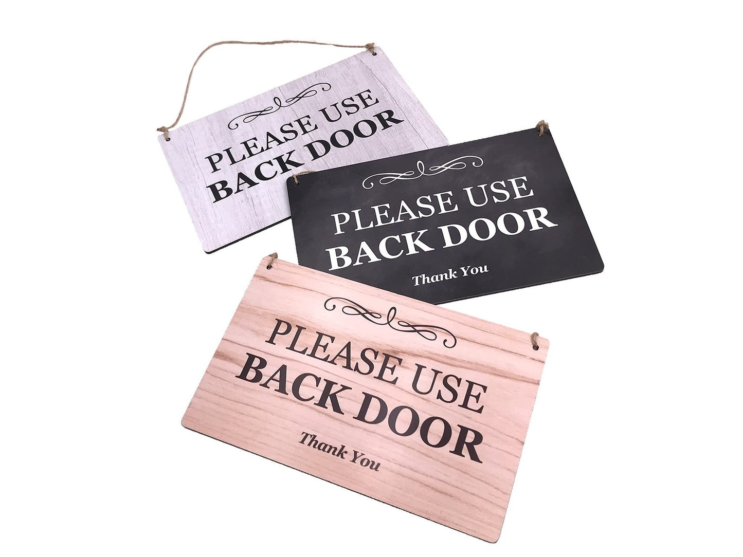 White Please Use Back Door Sign 140x90mm ACM Hanging Plaque with Twine – by North By North East – Business Hours & Policy Signs