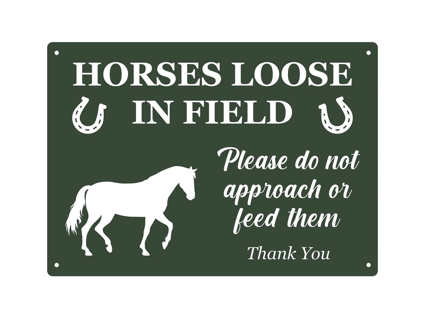 A4 Horses Loose in Field Sign – Green Aluminium Composite Gate & Fence Notice – by North By North East – Signs