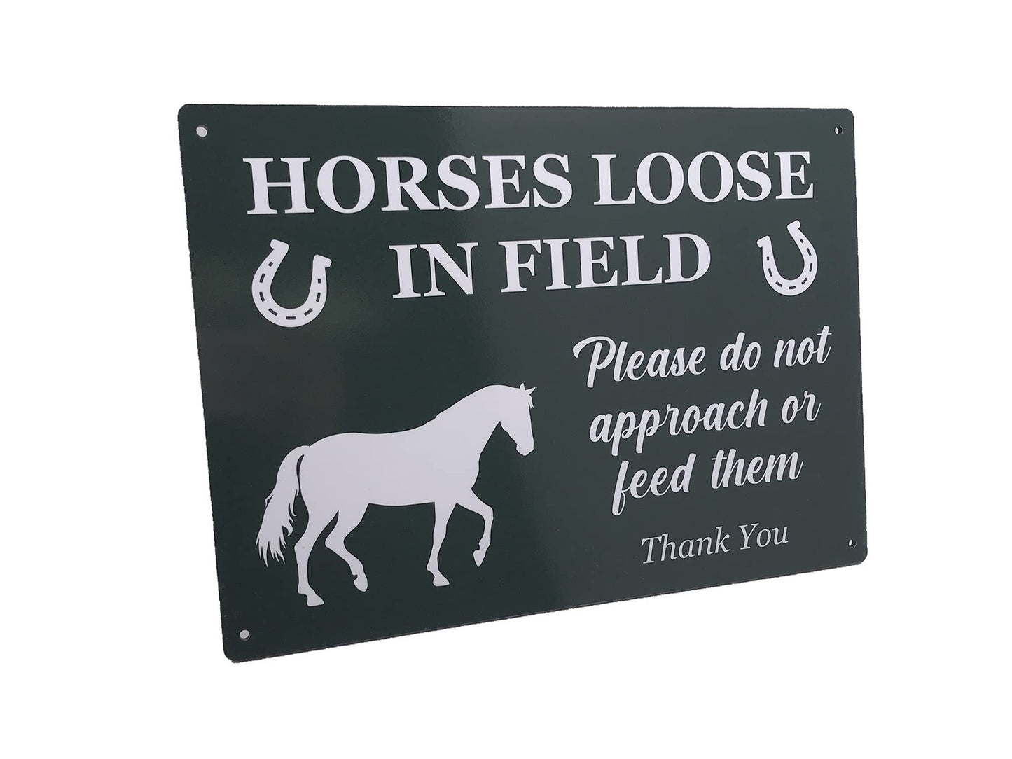 A4 Horses Loose in Field Sign – Green Aluminium Composite Gate & Fence Notice – by North By North East – Signs