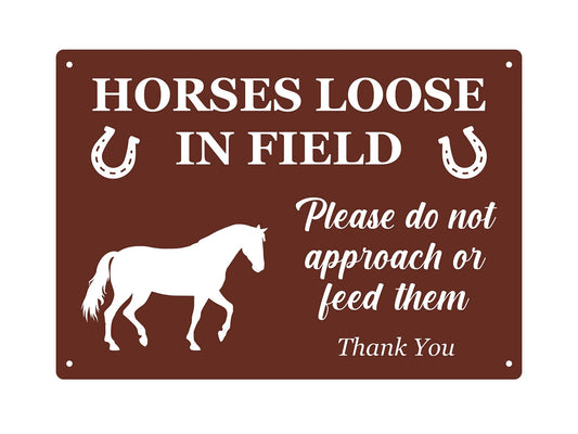 A4 Horses Loose in Field Sign – Red Aluminium Composite Gate & Fence Warning – by North By North East – Safety & Warning Signs