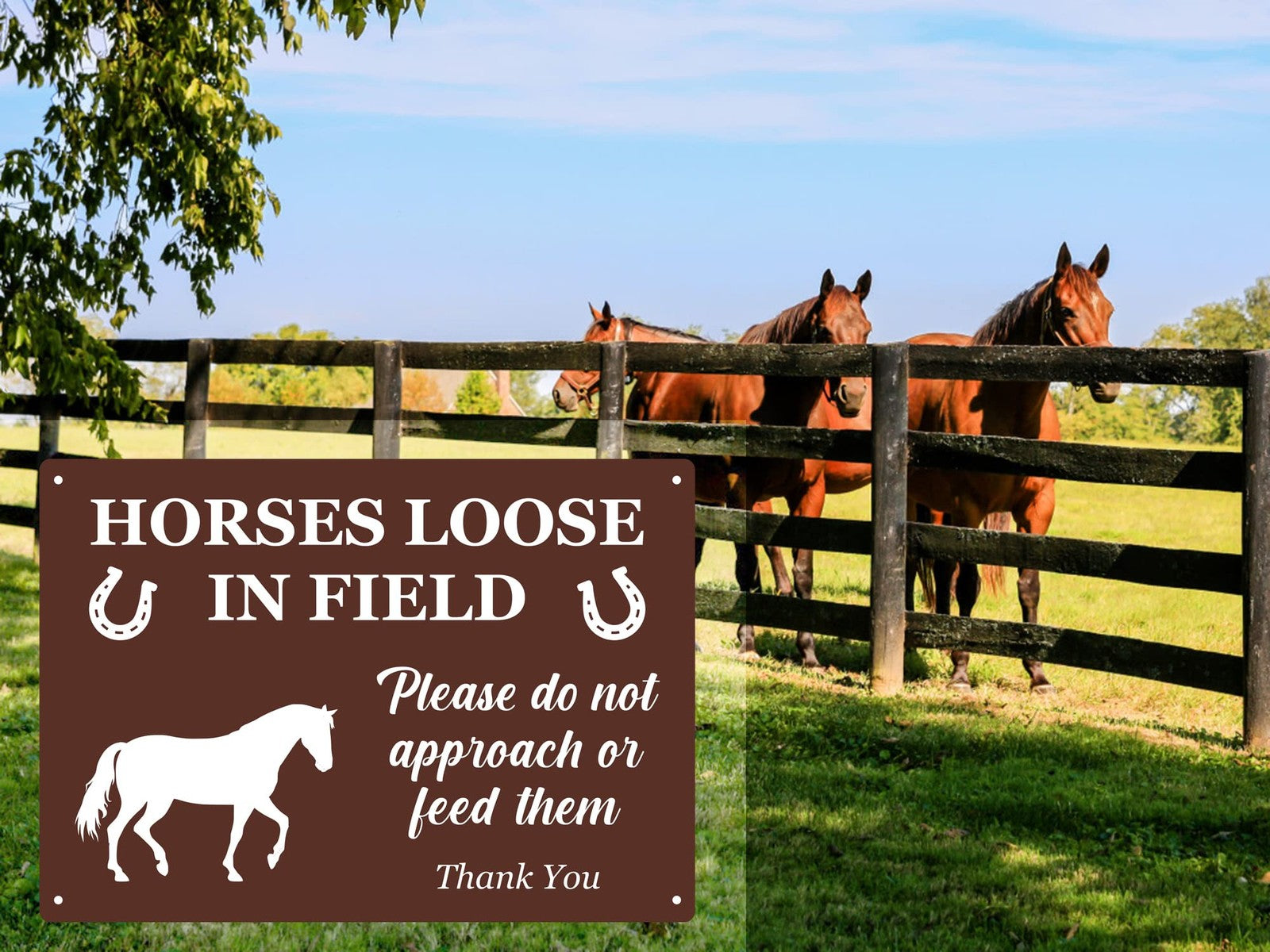 A4 Horses Loose in Field Sign – Red Aluminium Composite Gate & Fence Warning – by North By North East – Safety & Warning Signs