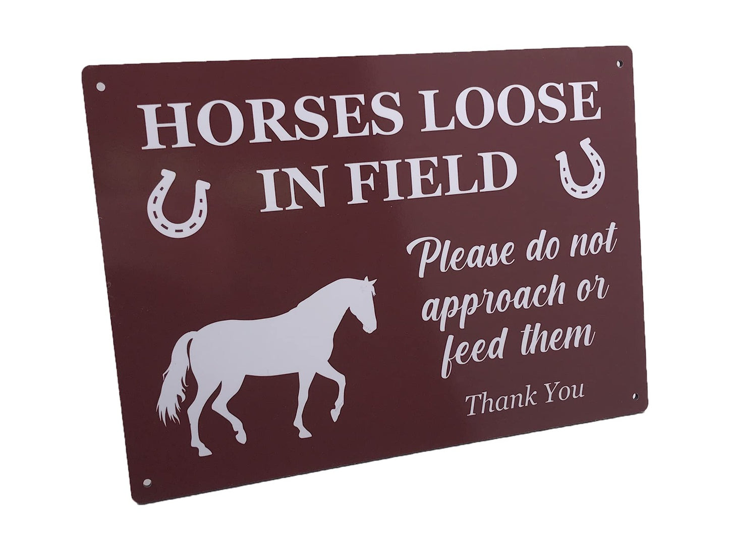 A4 Horses Loose in Field Sign – Red Aluminium Composite Gate & Fence Warning – by North By North East – Safety & Warning Signs