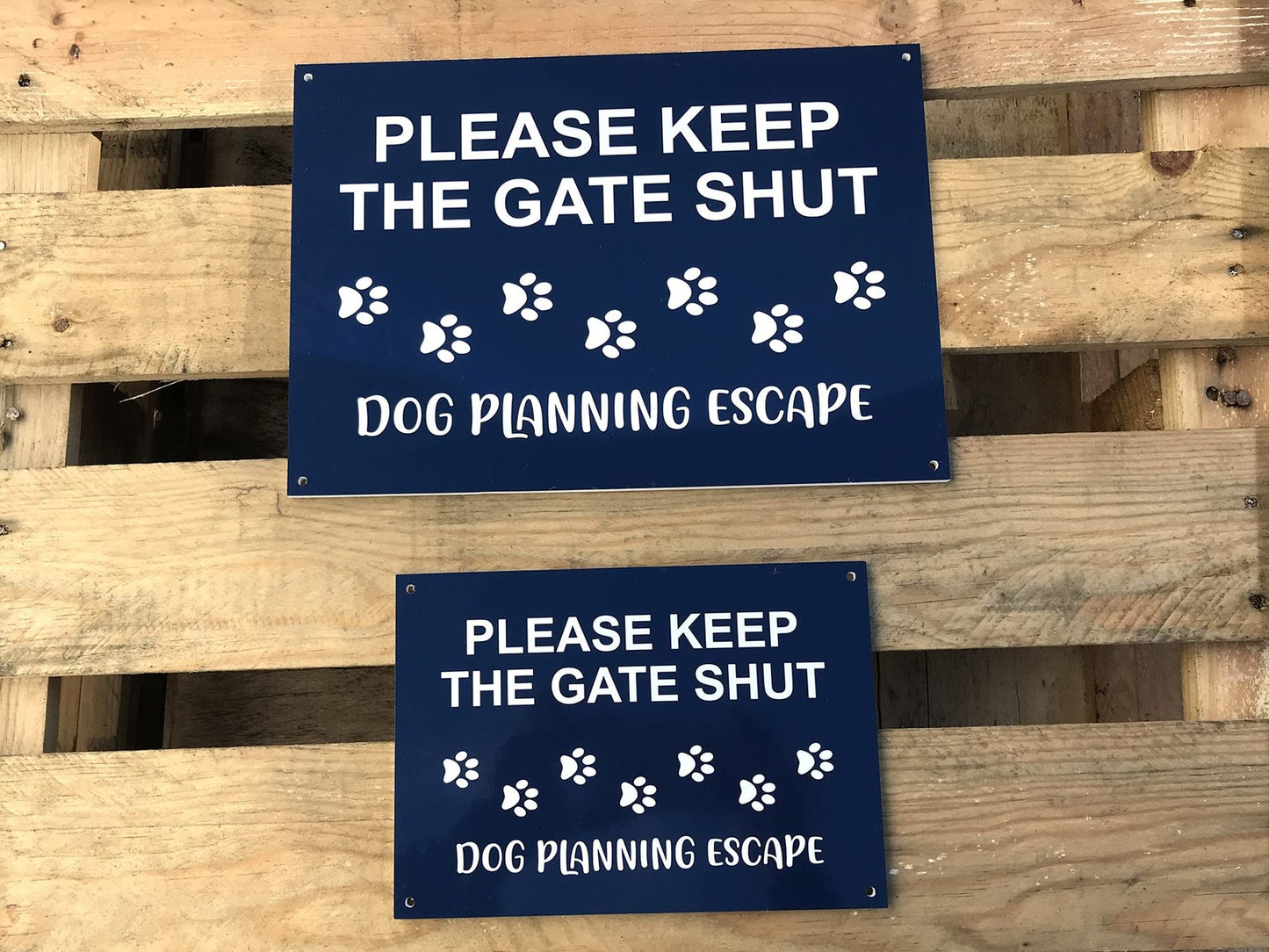 Blue Shut The Gate Sign Dog Planning Escape 210x297mm ACM Outdoor Notice – by North By North East – Signs