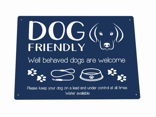 Purple Dog Friendly Sign – A4 Aluminium Composite – Well-Behaved Dogs Welcome – by North By North East – Signs