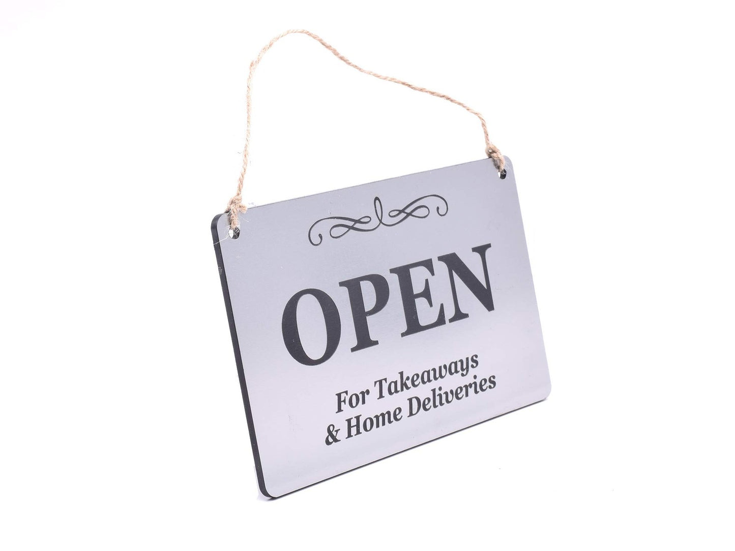 Open Hanging Sign – Silver ACM Plaque with Twine 140×90 mm UK Made – by North By North East – Business Hours & Policy Signs