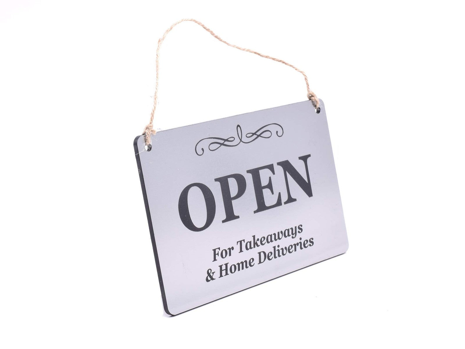 Open Hanging Sign – Silver ACM Plaque with Twine 140×90 mm UK Made – by North By North East – Business Hours & Policy Signs