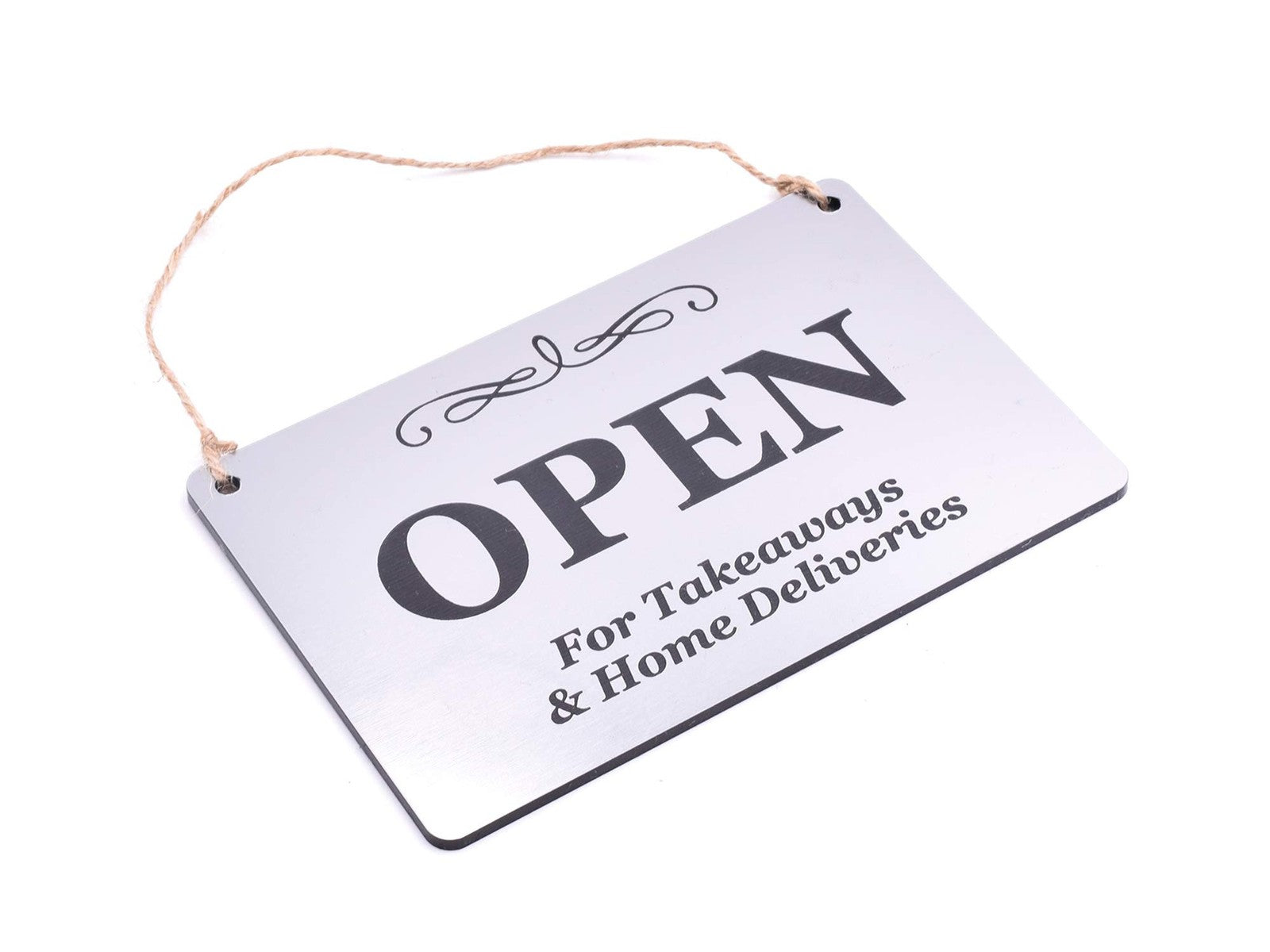 Open Hanging Sign – Silver ACM Plaque with Twine 140×90 mm UK Made – by North By North East – Business Hours & Policy Signs