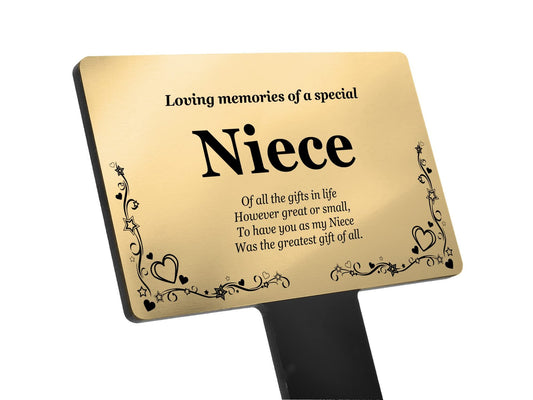 Niece Memorial Stake – Gold Acrylic Plaque with Ground Stake, UK Dispatch – by North By North East – Plaques & Nameplates