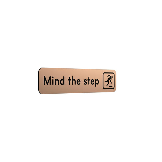 Mind The Step Adhesive Sign – Copper Aluminium 50×195mm, Peel & Stick – by North By North East – Safety & Warning Signs
