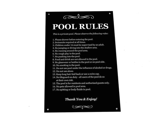Swimming Pool Rules Sign - Black & White ACM 290x195mm 4 Holes Outdoor – by North By North East – Signs