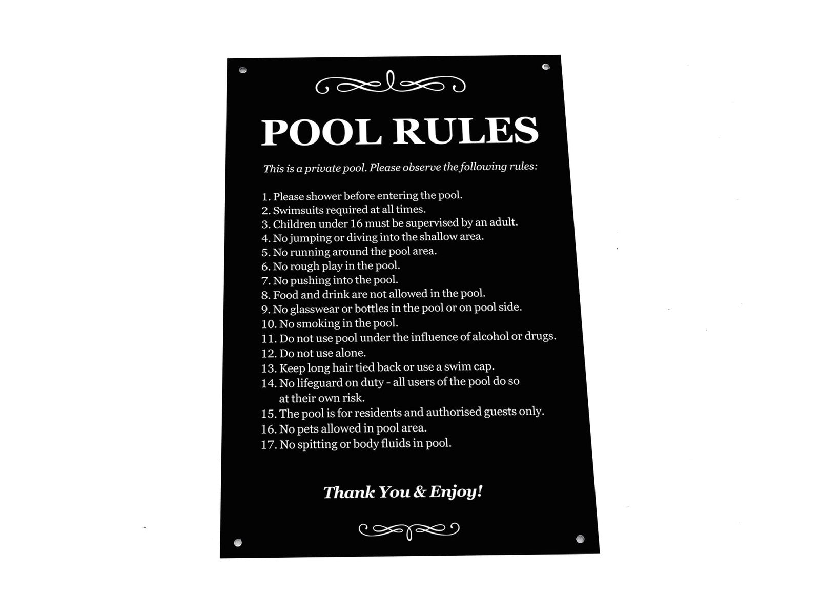 Swimming Pool Rules Sign - Black & White ACM 290x195mm 4 Holes Outdoor – by North By North East – Signs