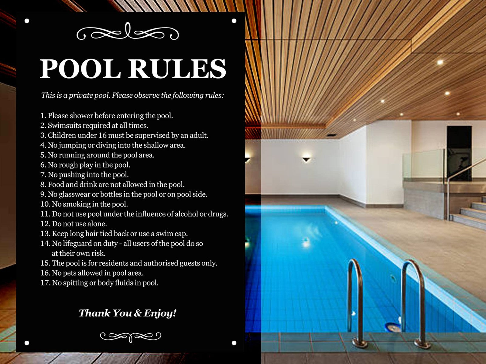 Swimming Pool Rules Sign - Black & White ACM 290x195mm 4 Holes Outdoor – by North By North East – Signs