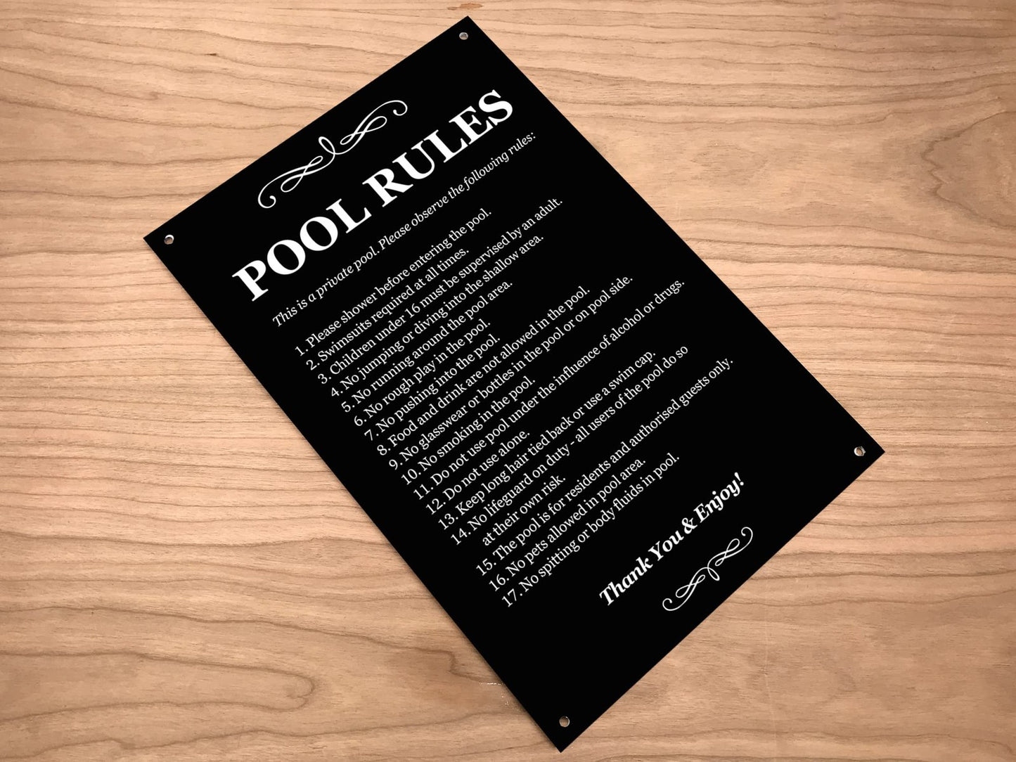Swimming Pool Rules Sign - Black & White ACM 290x195mm 4 Holes Outdoor – by North By North East – Signs