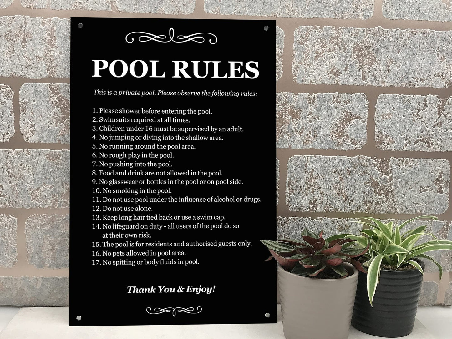 Swimming Pool Rules Sign - Black & White ACM 290x195mm 4 Holes Outdoor – by North By North East – Signs