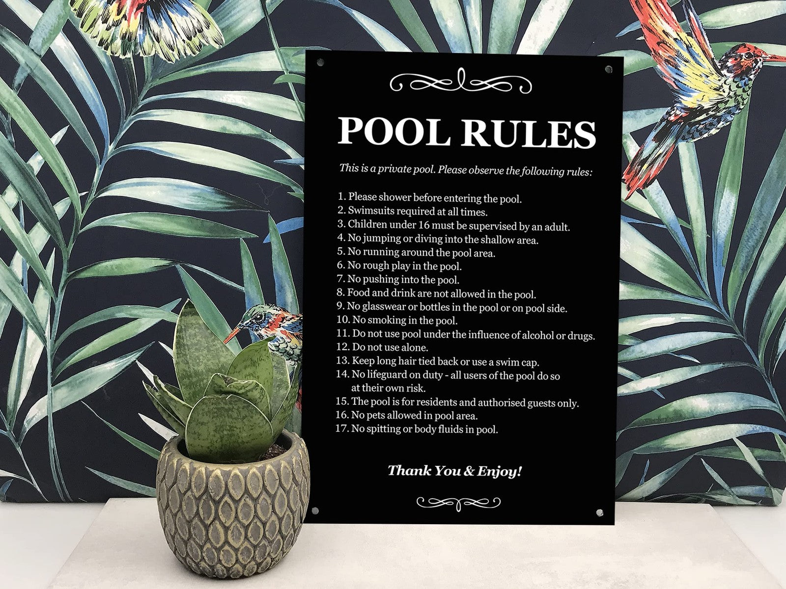Swimming Pool Rules Sign - Black & White ACM 290x195mm 4 Holes Outdoor – by North By North East – Signs