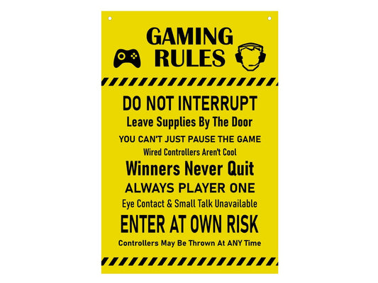 Gaming Rules Sign Yellow ACM 210x297mm Wall Plaque with 4 Screw Holes – by North By North East – Business Hours & Policy Signs