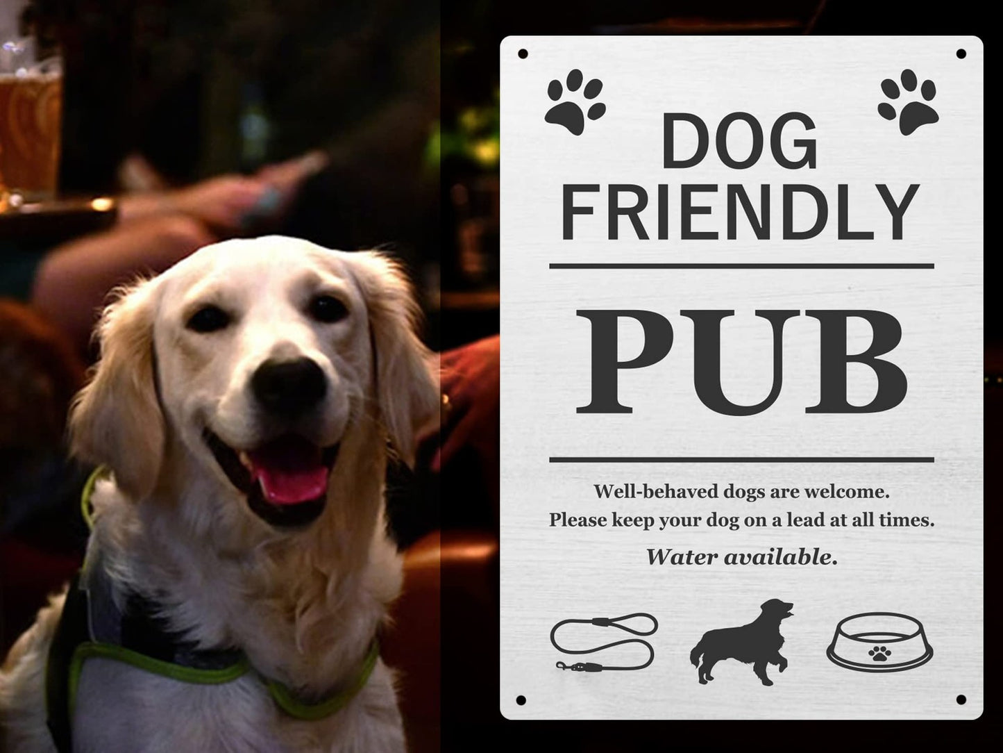 A4 Grey Dog Friendly Pub Sign – Well Behaved Dogs Welcome – Water Available – by North By North East – Signs