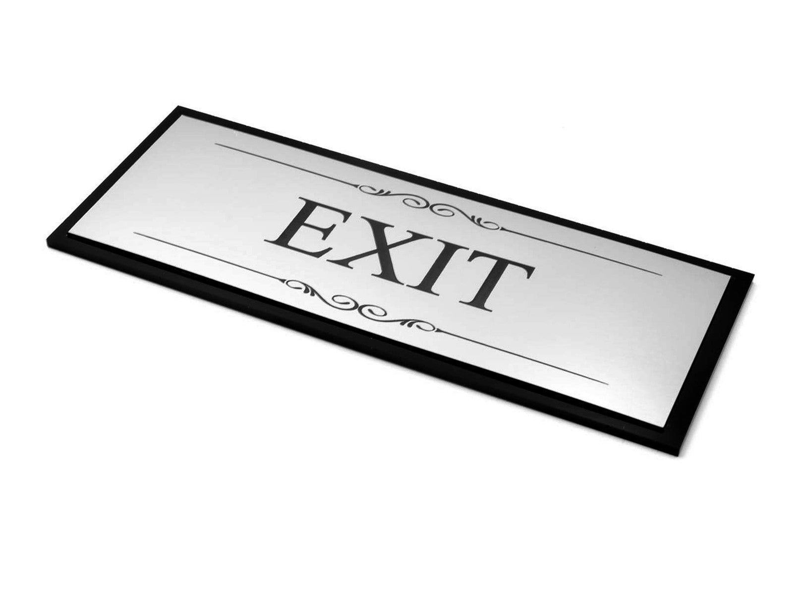 Exit Door Sign – Silver & Black Acrylic Adhesive Plaque 19.5×7.6cm (Engraved) – by North By North East – Business Hours & Policy Signs