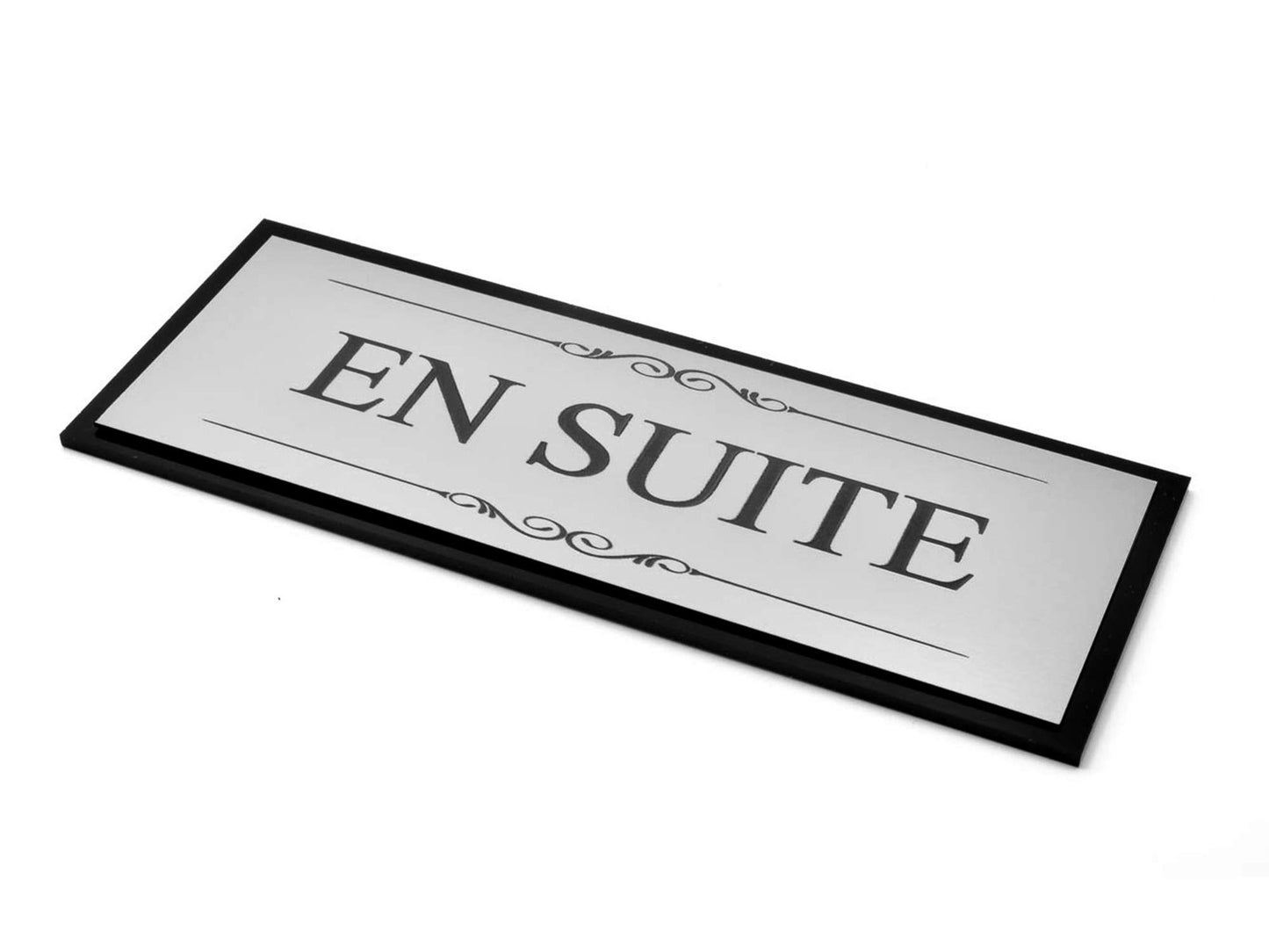 En Suite Door Sign – Silver & Black Acrylic Adhesive Plaque 19.5×7.6cm – by North By North East – Business Hours & Policy Signs