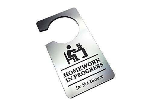 Doing Homework – Do Not Disturb Door Hanger, Silver Acrylic 145x75mm – by North By North East – Signs