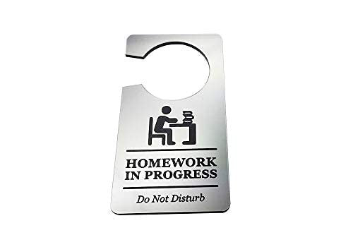 Doing Homework – Do Not Disturb Door Hanger, Silver Acrylic 145x75mm – by North By North East – Signs