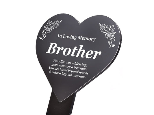 In Loving Memory Brother Heart Plaque – Black & White Engraved Stake 143x258mm – by North By North East – Plaques & Nameplates