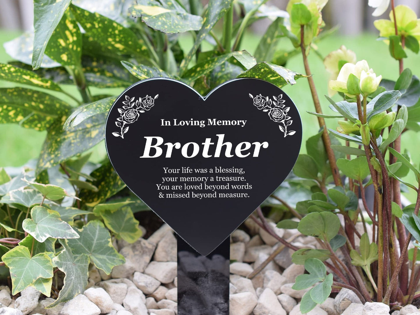 In Loving Memory Brother Heart Plaque – Black & White Engraved Stake 143x258mm – by North By North East – Plaques & Nameplates
