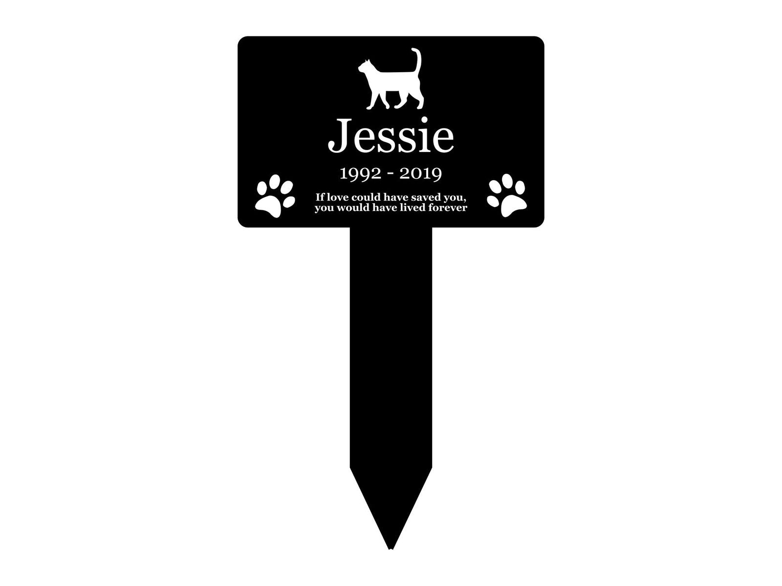 Large Personalised Cat Memorial Plaque Stake — Black Plaque with White Engraving (150 × 250 mm, Outdoor Tribute) – by North By North East – Plaques & Nameplates