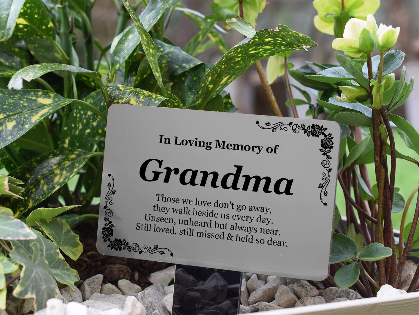 In Loving Memory Grandma Plaque – Silver & Black Waterproof Grave Stake – by North By North East – Plaques & Nameplates