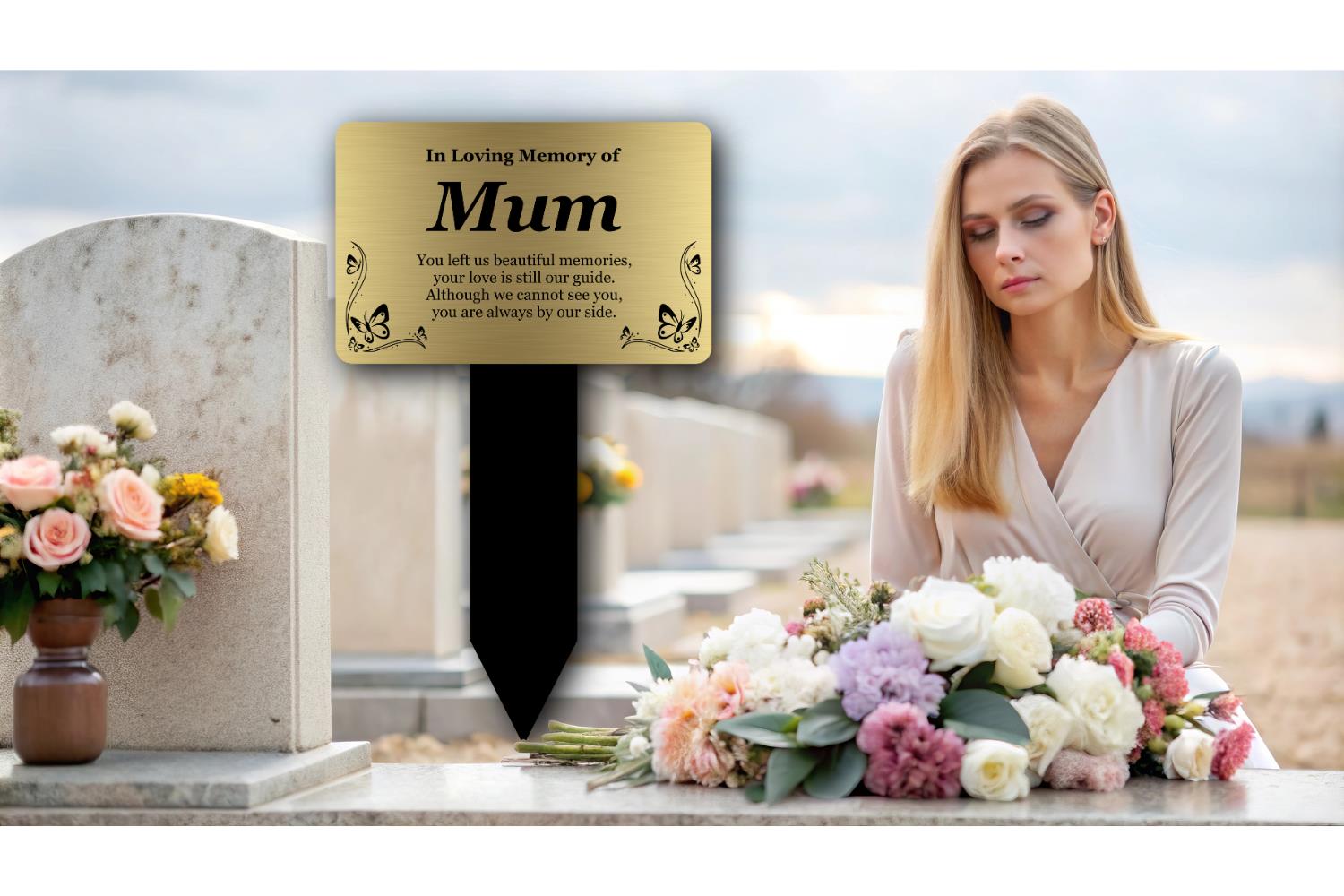 Mum Memorial Plaque Stake – Gold & Black Engraved Grave Marker, Outdoor Tribute – by North By North East – Plaques & Nameplates