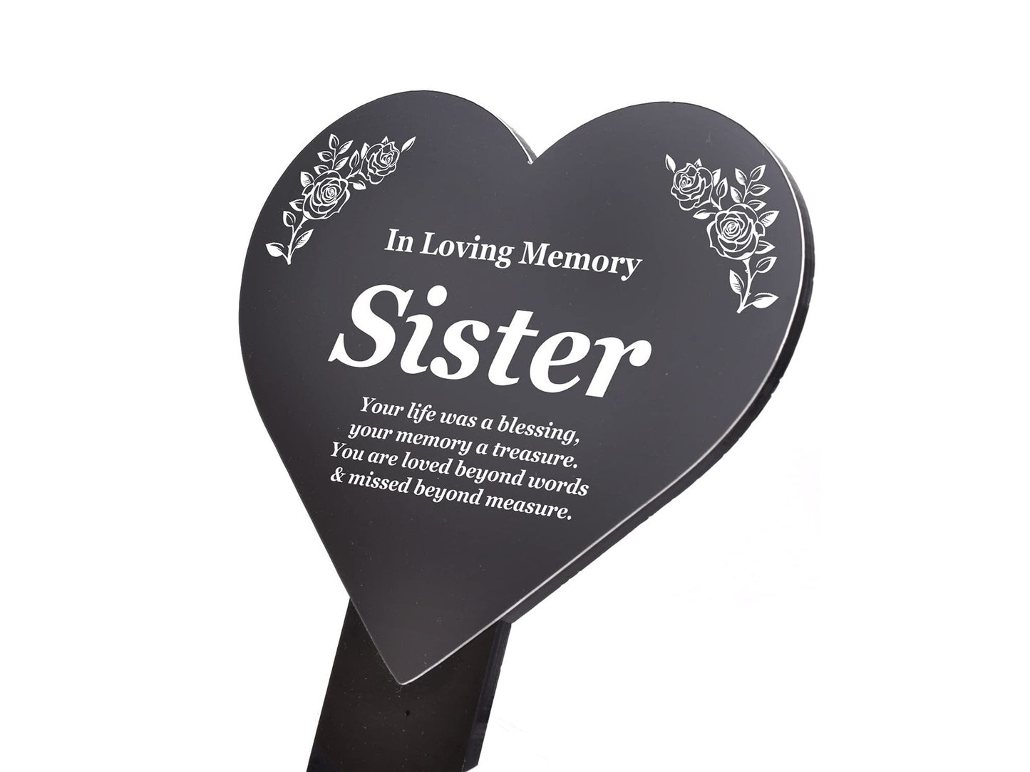 In Loving Memory Sister Heart Plaque – Black & White Waterproof Stake 143x258mm – by North By North East – Plaques & Nameplates
