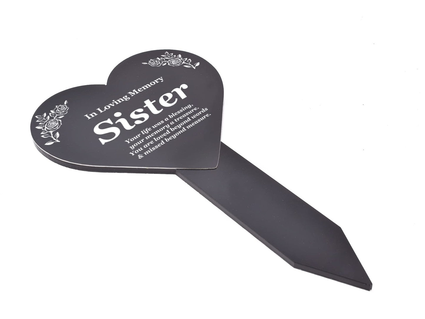 In Loving Memory Sister Heart Plaque – Black & White Waterproof Stake 143x258mm – by North By North East – Plaques & Nameplates