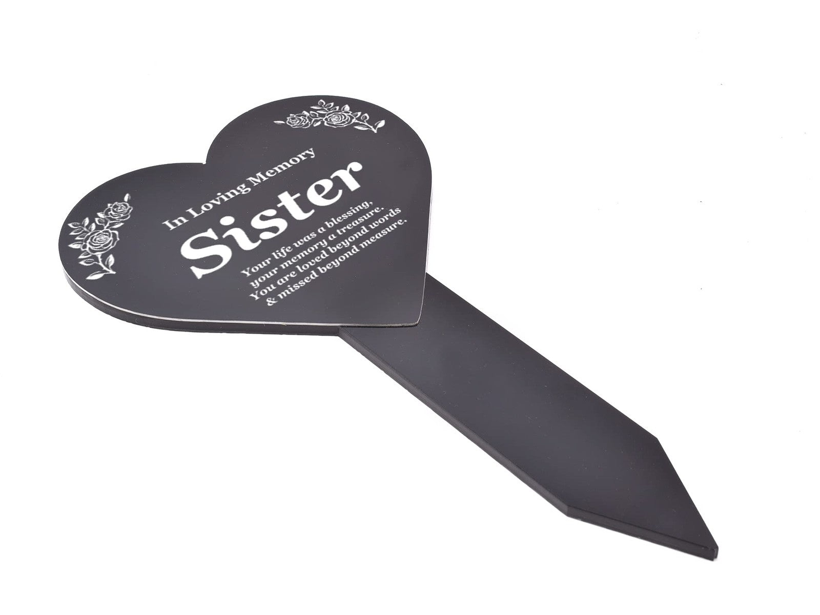 In Loving Memory Sister Heart Plaque – Black & White Waterproof Stake 143x258mm – by North By North East – Plaques & Nameplates