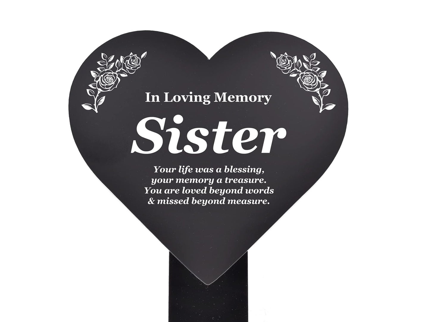 In Loving Memory Sister Heart Plaque – Black & White Waterproof Stake 143x258mm – by North By North East – Plaques & Nameplates