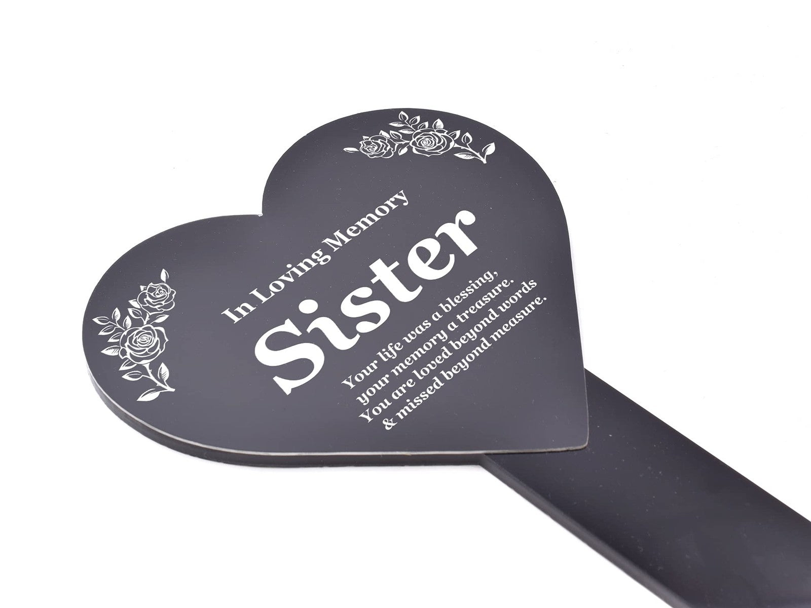In Loving Memory Sister Heart Plaque – Black & White Waterproof Stake 143x258mm – by North By North East – Plaques & Nameplates