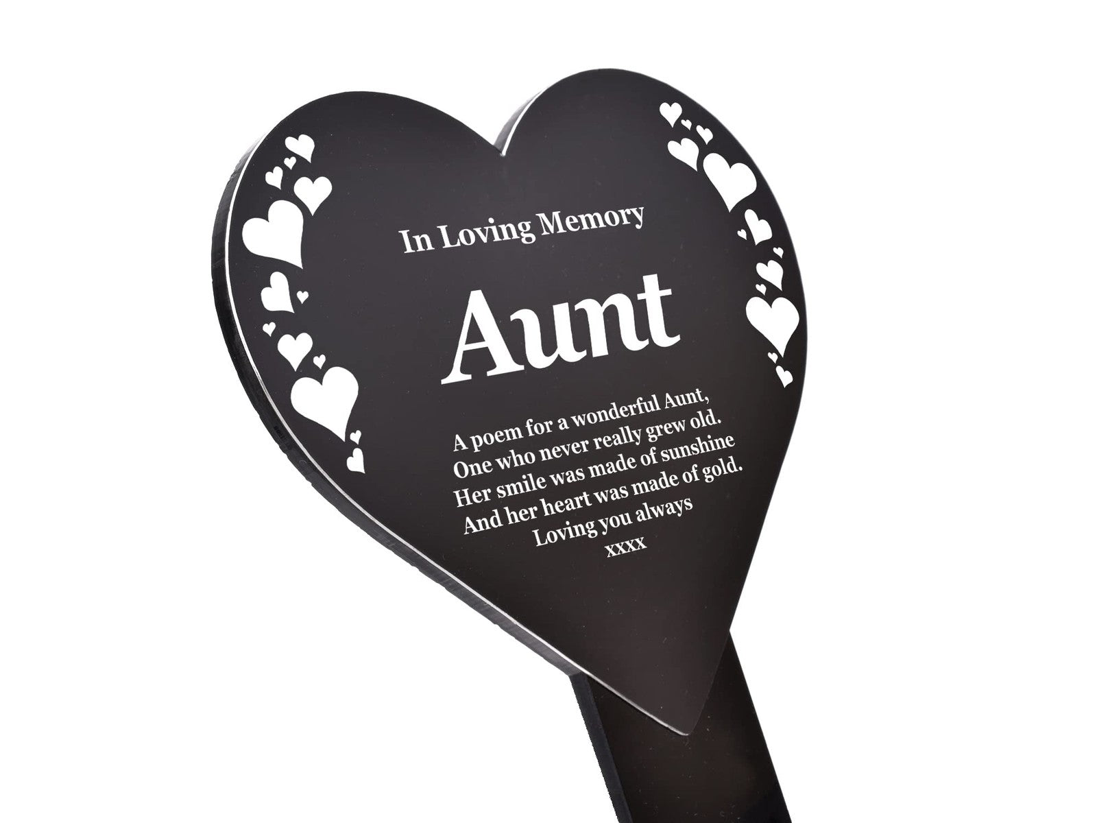 Black & White Heart “Aunt” Memorial Plaque Stake, Outdoor Grave Tribute – by North By North East – Plaques & Nameplates