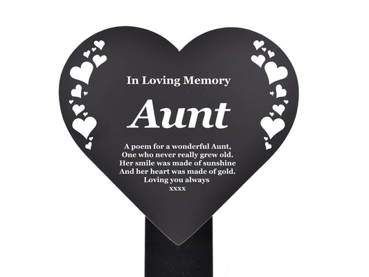 Black & White Heart “Aunt” Memorial Plaque Stake, Outdoor Grave Tribute – by North By North East – Plaques & Nameplates