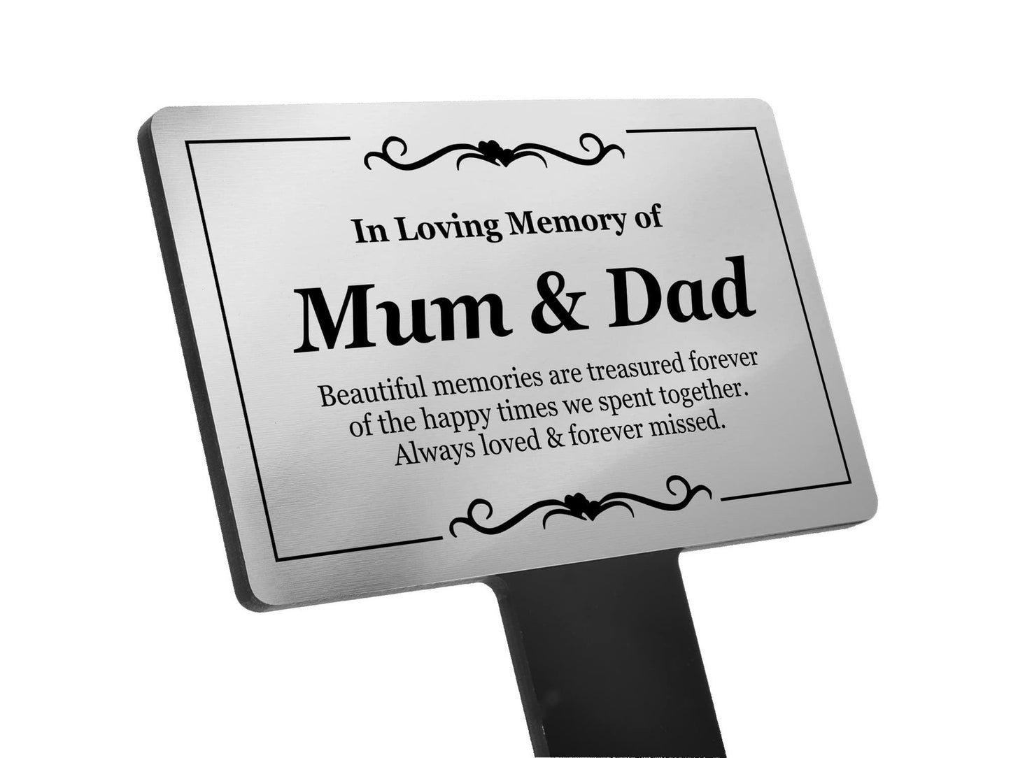 🥈 Silver “In Loving Memory Mum & Dad” Memorial Plaque – Grave Marker Stake – by North By North East – Plaques & Nameplates