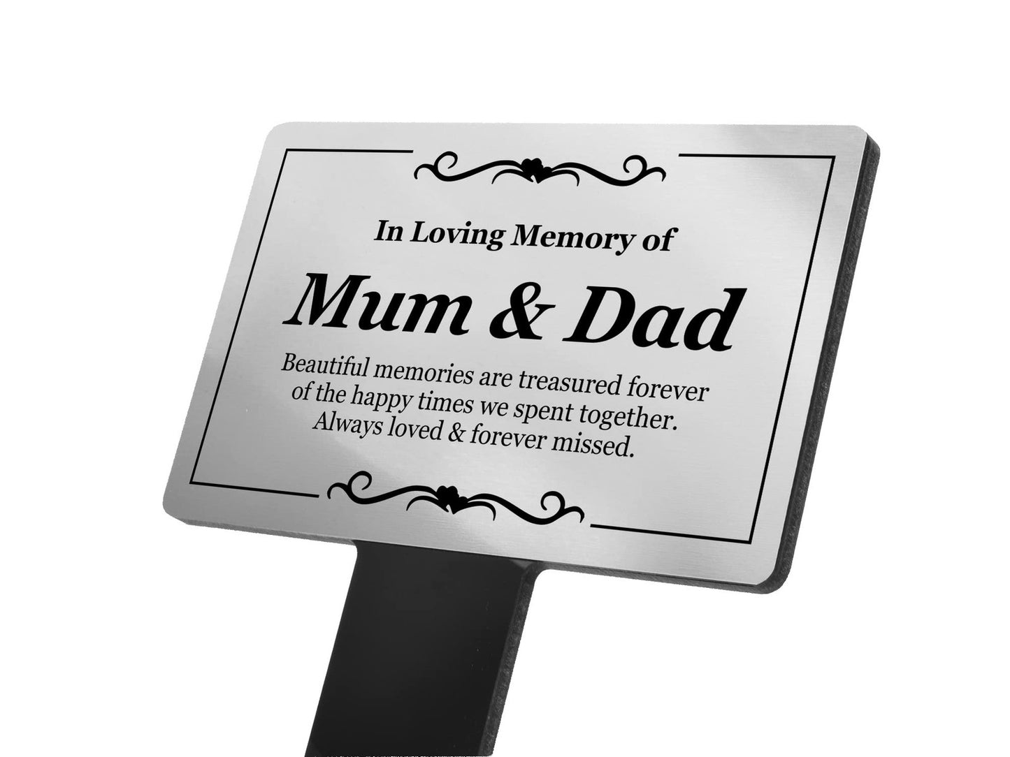 🥈 Silver “In Loving Memory Mum & Dad” Memorial Plaque – Grave Marker Stake – by North By North East – Plaques & Nameplates