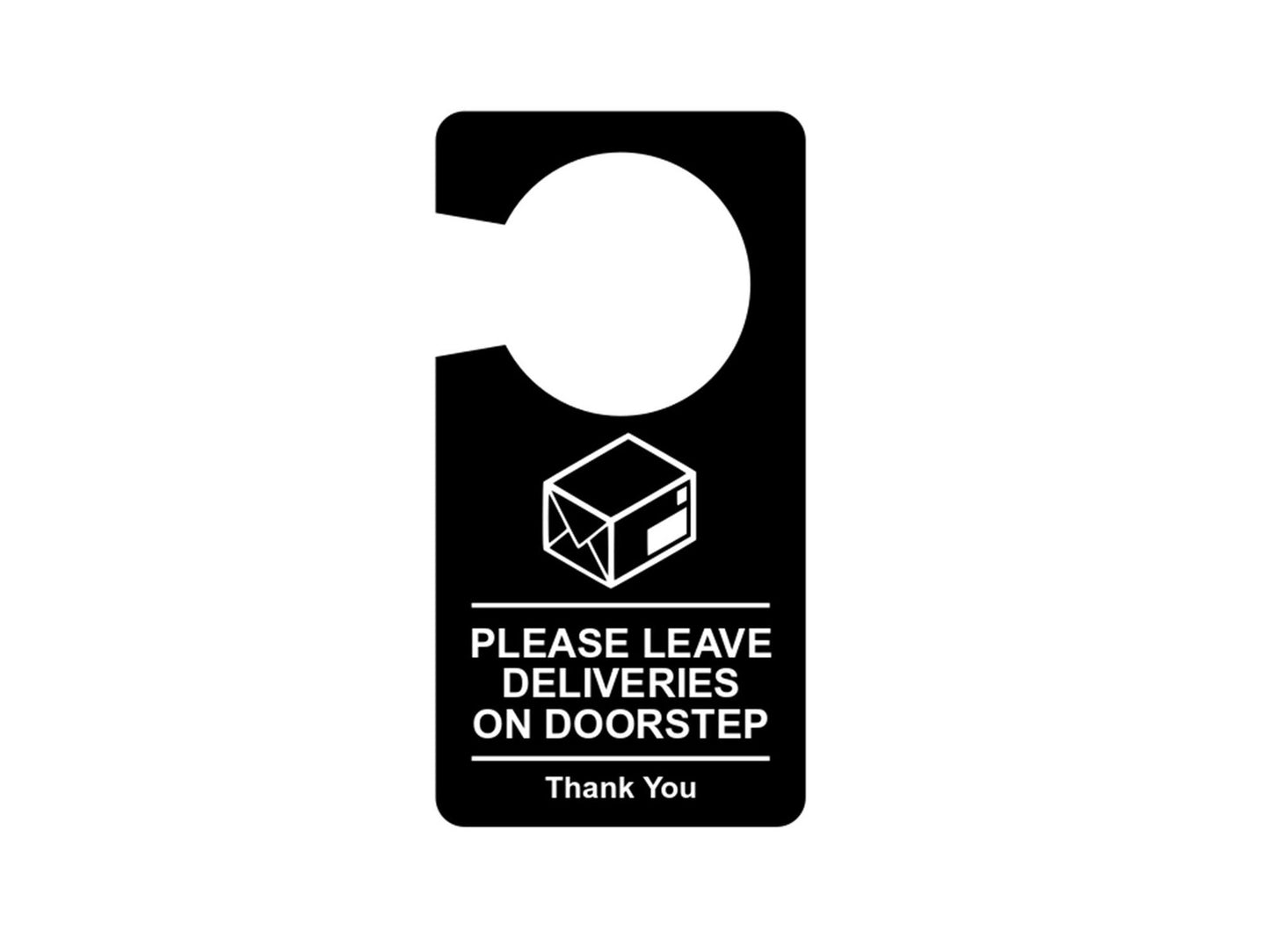 'Please Leave Deliveries On Doorstep' hanging black and white door sign – by North By North East – Business Hours & Policy Signs