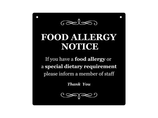 Food Allergy Notice Sign – Black HIPS 145×145 mm with Screw Fixings, UK Dispatch – by North By North East – Signs