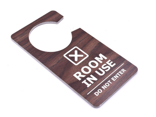 "Room In Use – Do Not Enter" wood-effect door hanging sign – by North By North East – Signs
