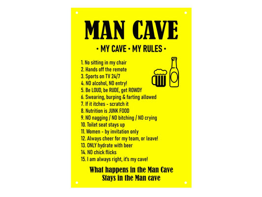 Man Cave Rules Sign – Yellow ACM A4 Plaque with Screw Holes, UK Dispatch – by North By North East – Business Hours & Policy Signs