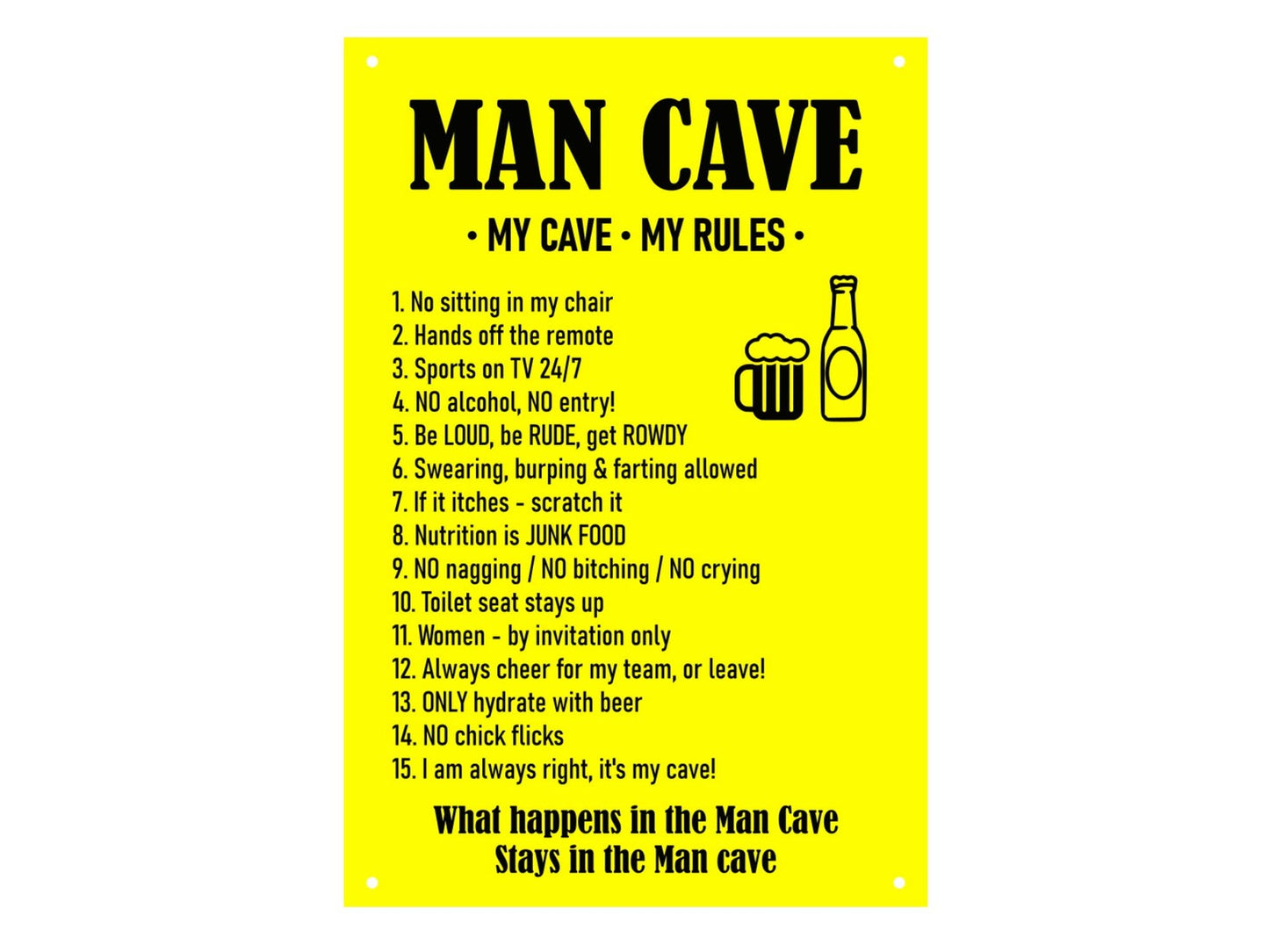 Man Cave Rules Sign – Yellow ACM A4 Plaque with Screw Holes, UK Dispatch – by North By North East – Business Hours & Policy Signs