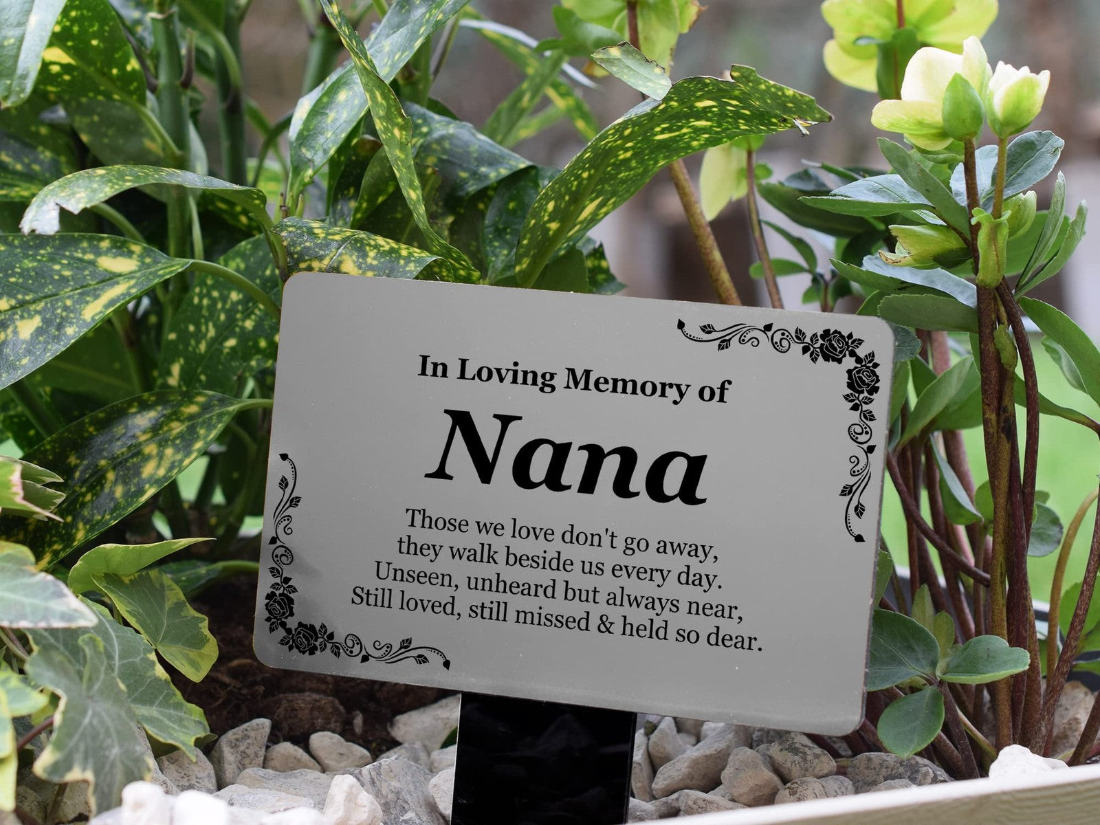 Silver “In Loving Memory Nana” Memorial Plaque – Outdoor Grave Marker Stake – by North By North East – Plaques & Nameplates