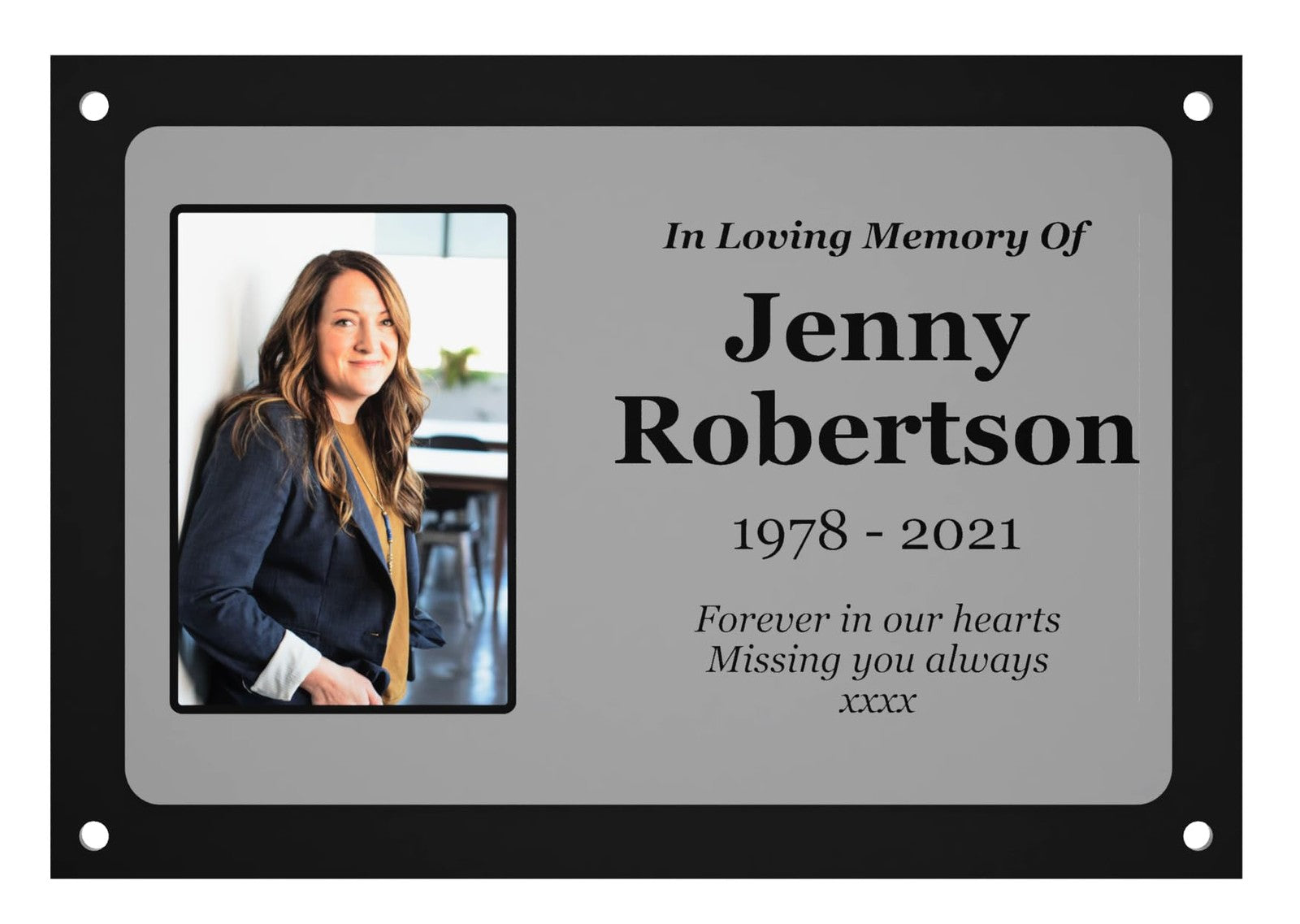 Personalised Photo Memorial Plaque — Silver Aluminium, 4 Screw Holes (170 × 110 mm, 4 mm, Outdoor-Ready) – by North By North East – Plaques & Nameplates