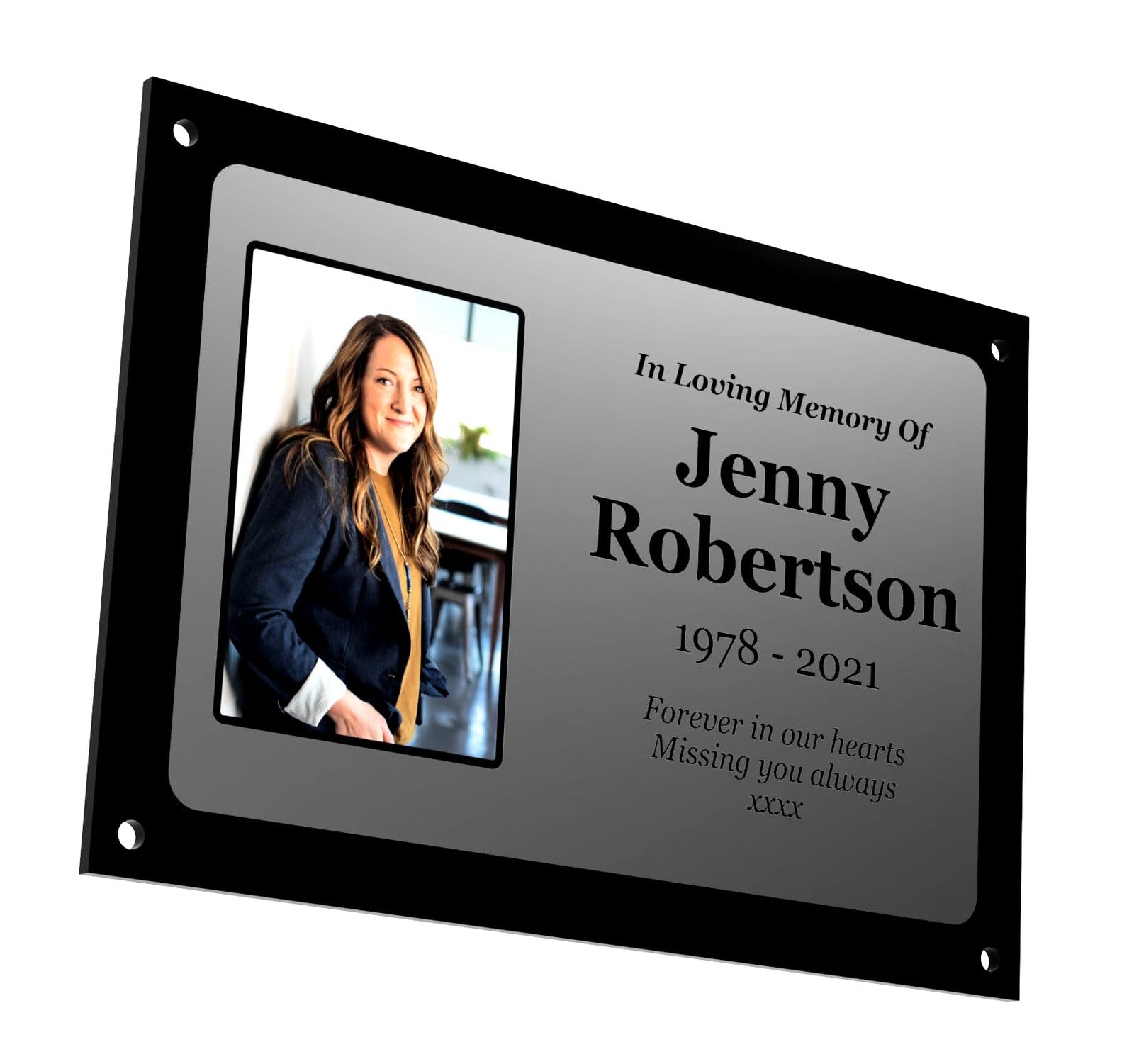 Personalised Photo Memorial Plaque — Silver Aluminium, 4 Screw Holes (170 × 110 mm, 4 mm, Outdoor-Ready) – by North By North East – Plaques & Nameplates