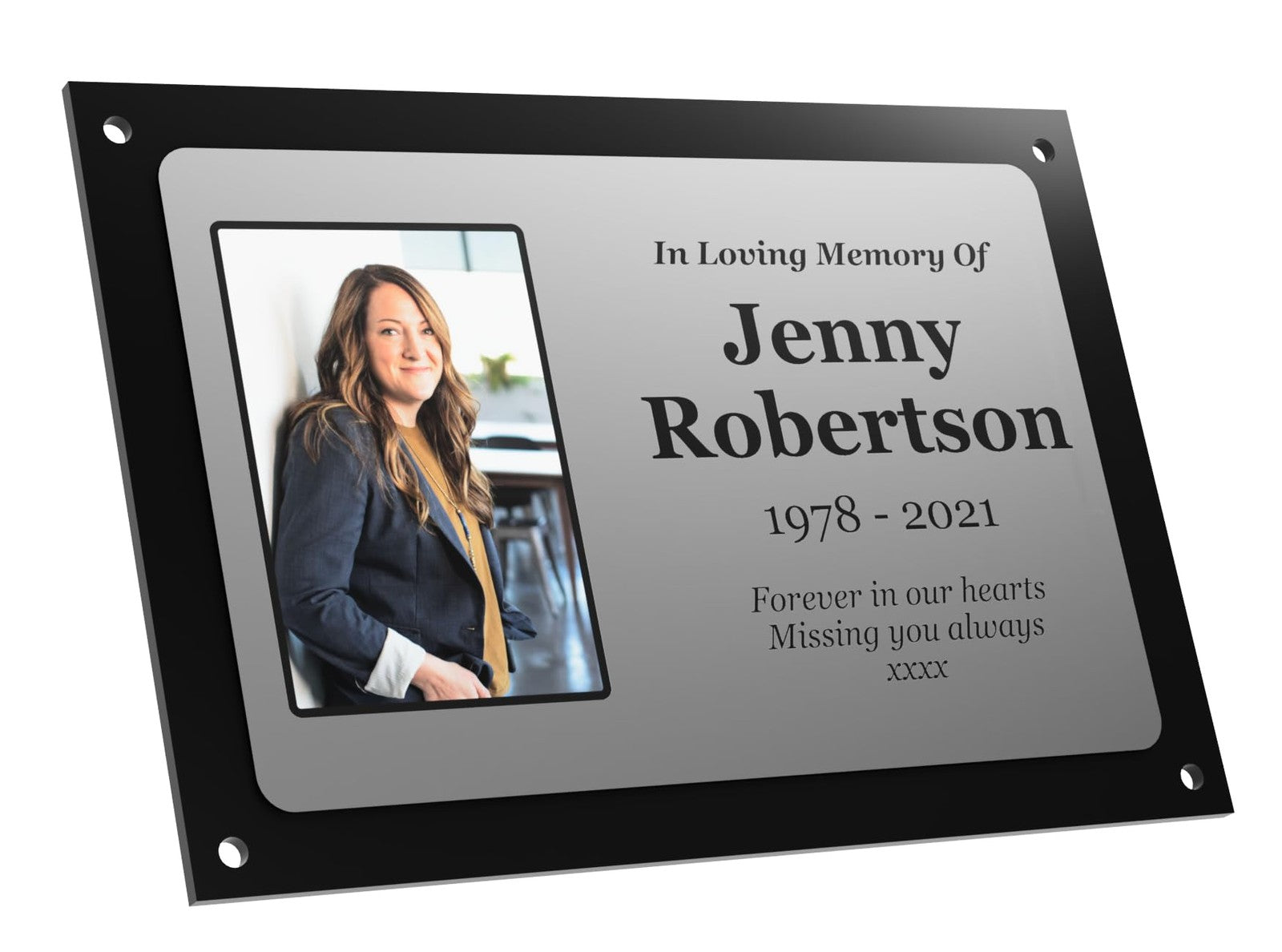 Personalised Photo Memorial Plaque — Silver Aluminium, 4 Screw Holes (170 × 110 mm, 4 mm, Outdoor-Ready) – by North By North East – Plaques & Nameplates